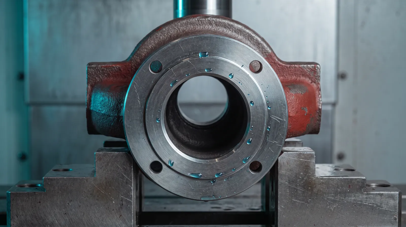 Illustrative cast iron valve body held in a machining fixture, with red primer and coolant on its machined face